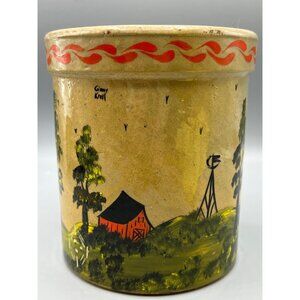 Ginny Krull Hand Painted Folk Art Stoneware Crock Cachepot Red Barn Landscape